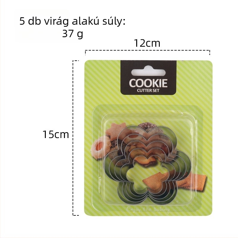 Rozsdamentes acélból készült 5 darabos süti formakészlet, szív, csillag, virág és kör alakú formával