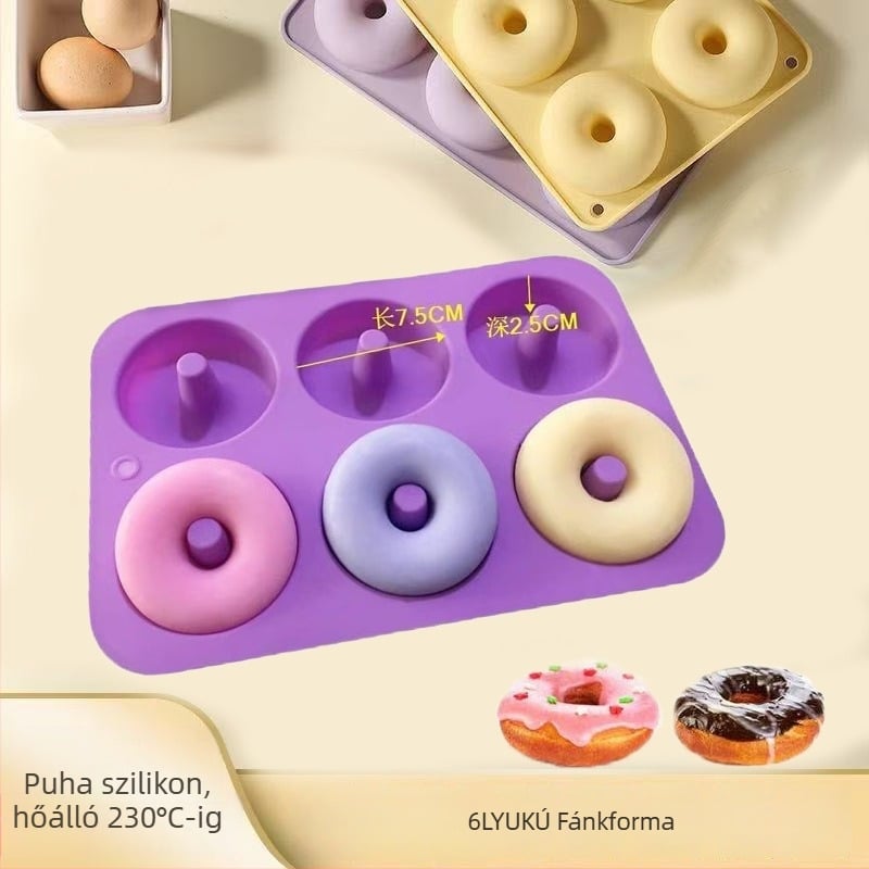 Silikonból készült fánk forma, kör alakú, 6 üreggel, tapadásmentes, sütőben használható