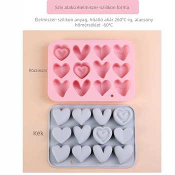 Szilikon szív alakú tortaforma, 12 rekesszel és 6 különböző szív mintával, sütéshez és édességek készítéséhez