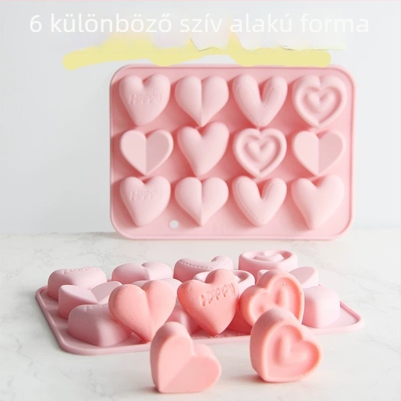 Szilikon szív alakú tortaforma, 12 rekesszel és 6 különböző szív mintával, sütéshez és édességek készítéséhez