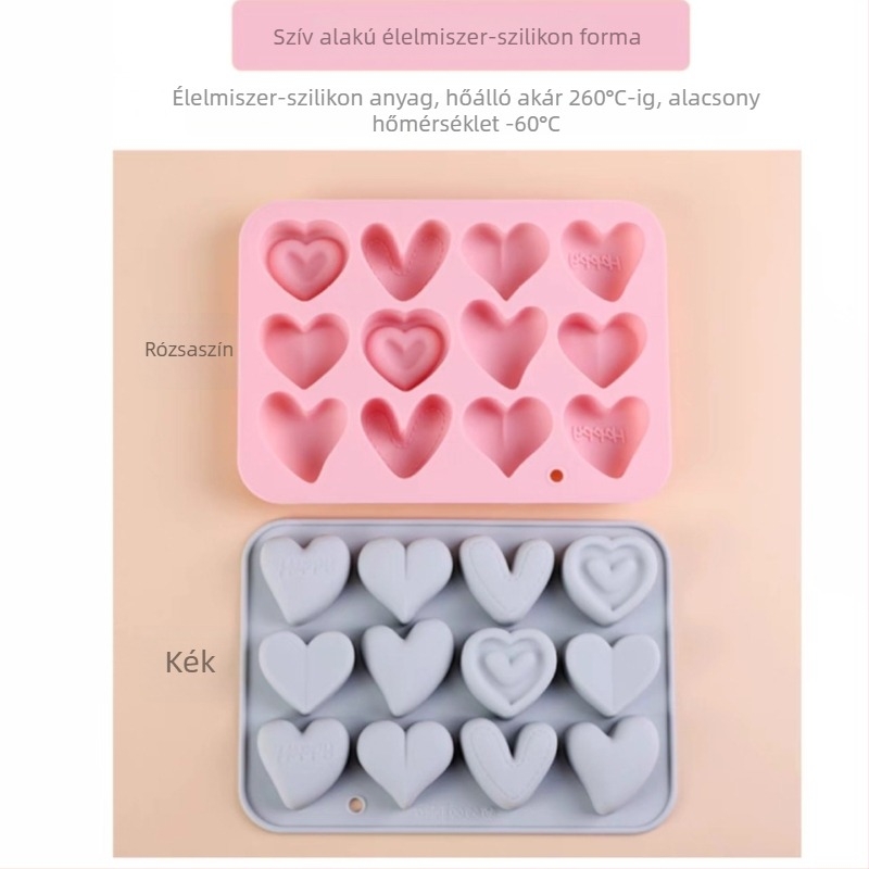 Szilikon szív alakú tortaforma, 12 rekesszel és 6 különböző szív mintával, sütéshez és édességek készítéséhez