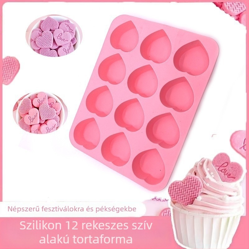 Szilikon szív alakú tortaforma, 12 üreggel, csokoládéhoz, édességekhez, süteményekhez és kézműves szappan készítéséhez
