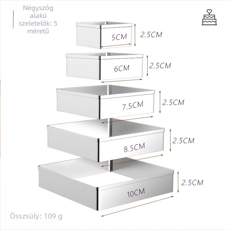 Hongfu Square Series rozsdamentes acélból készült négyszögletes sütiformák, 5 darabos készlet, sütéshez