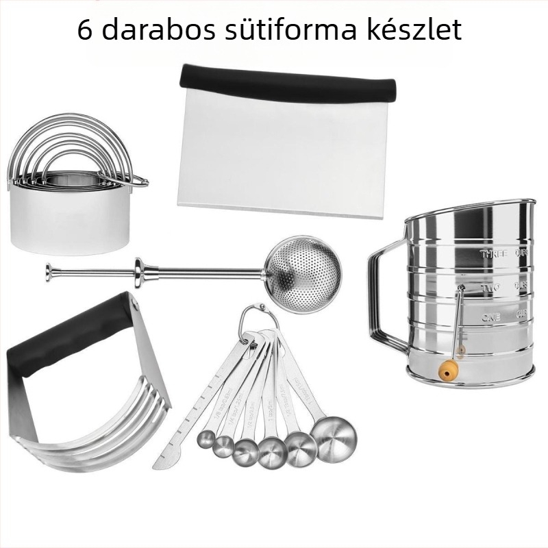 Hat darabos rozsdamentes acél kekszvágó készlet liszt szitával, kör alakú formával, modern minimalist stílus