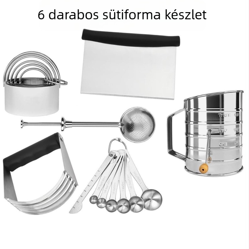 Hat darabos rozsdamentes acél kekszvágó készlet liszt szitával, kör alakú formával, modern minimalist stílus