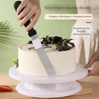 6 részes torta forgóasztal készlet, csúszásmentes felülettel, rozsdamentes acélból, krém spatulával és díszítő eszközökkel