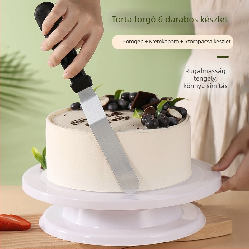6 részes torta forgóasztal készlet, csúszásmentes felülettel, rozsdamentes acélból, krém spatulával és díszítő eszközökkel