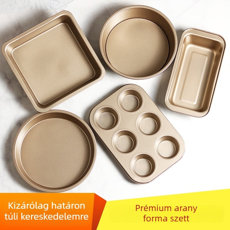 Tapadásmentes sütőedények készlet tortaformákkal és pizza tepsivel, kerek, négyzetes és téglalap alakú formákkal, szénacélból; méretek 20 cm, 23 cm és 25×13 cm