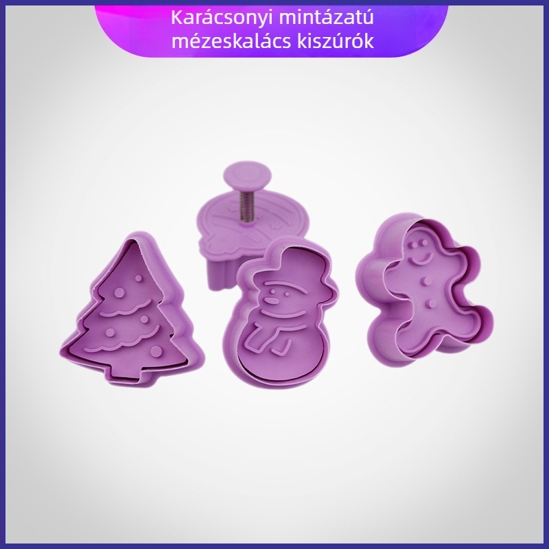3D PP műanyag rugós nyomó süti-formák készlet gingerbread man, snowman, Christmas tree és bell formákkal (kör alakú) – karácsonyi süti formázó sor