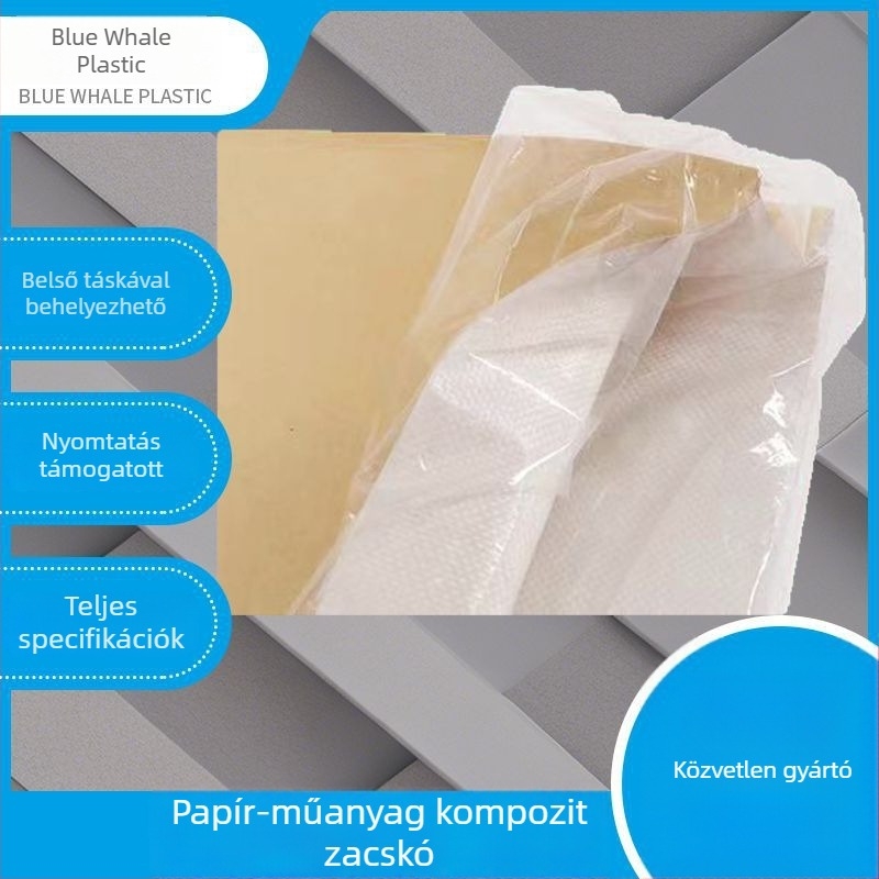 Papír-plasztikus kompozit szövött zsák, 25 kg teherbírás, nyomtatható, alkalmas műanyag, takarmány, vegyi anyag és gabona csomagolására