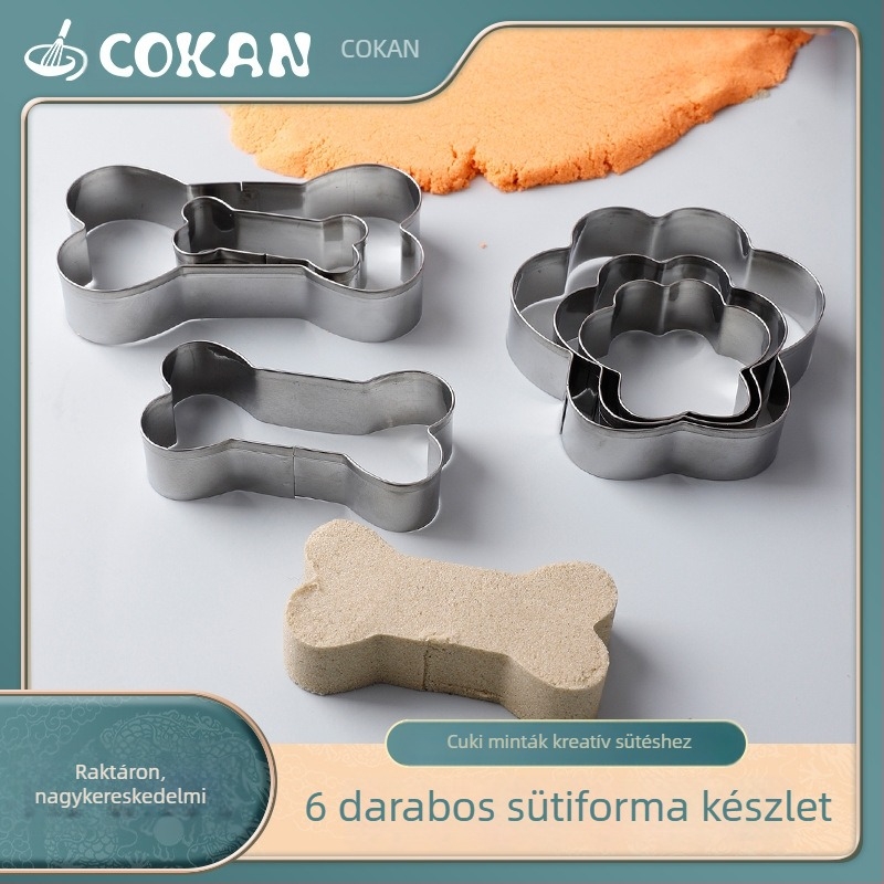 6 darabos rozsdamentes acél süti kiszúrók készlet kutyacsont és tappancs formákkal