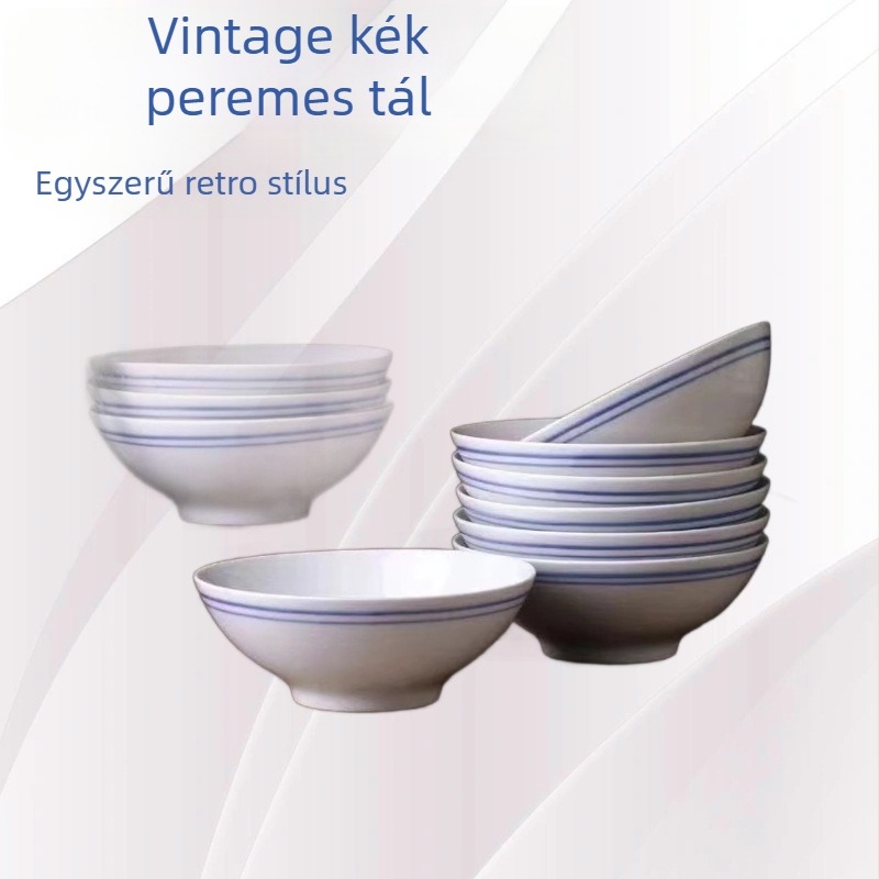 Kék szegélyű porcelán tál, retro stílusú, kerek formájú, leveshez, zöldségekhez és pároláshoz; mikrohullámú sütőben használható; átmérő 15–15,9 cm; különleges tál párolt sertéshúshoz