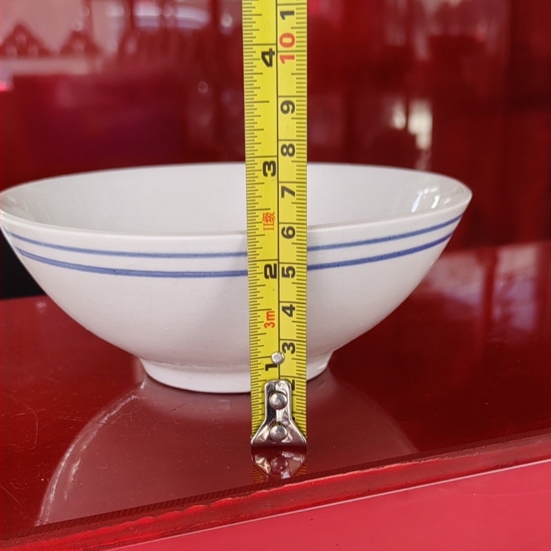 Kék szegélyű porcelán tál, retro stílusú, kerek formájú, leveshez, zöldségekhez és pároláshoz; mikrohullámú sütőben használható; átmérő 15–15,9 cm; különleges tál párolt sertéshúshoz