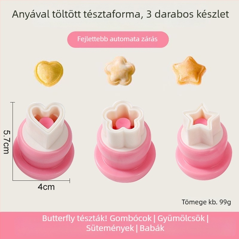 DIY forma bébi gombócokhoz, pillangó-relief és gomba motívummal, rozsdamentes acél, kerek alak
