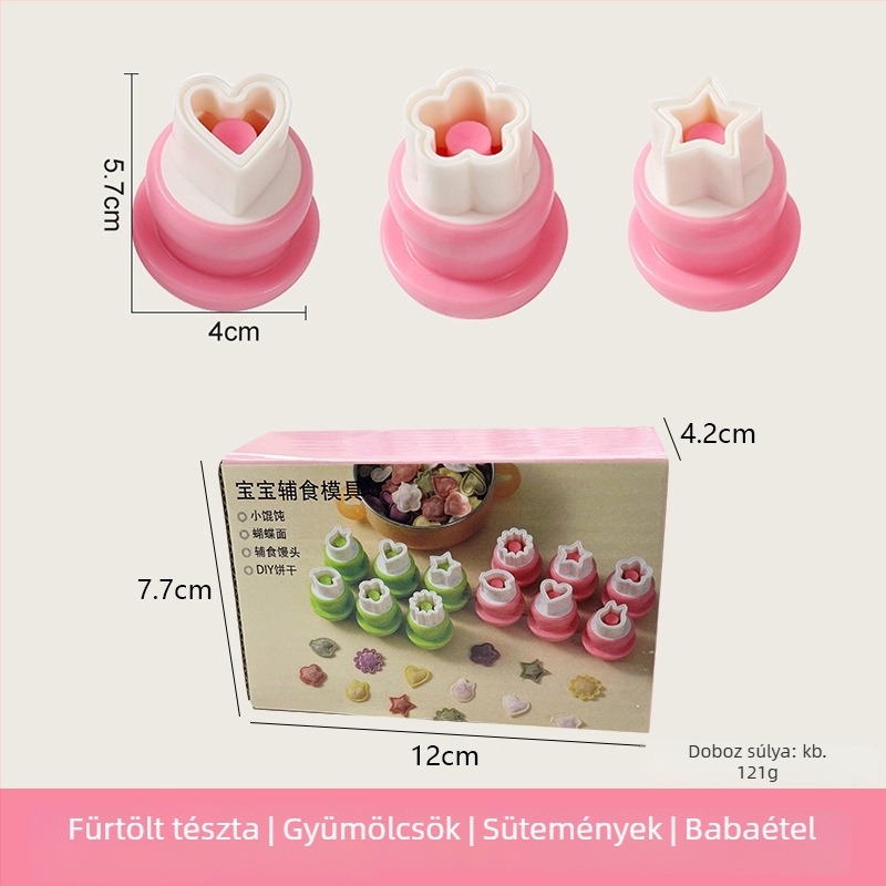 DIY forma bébi gombócokhoz, pillangó-relief és gomba motívummal, rozsdamentes acél, kerek alak