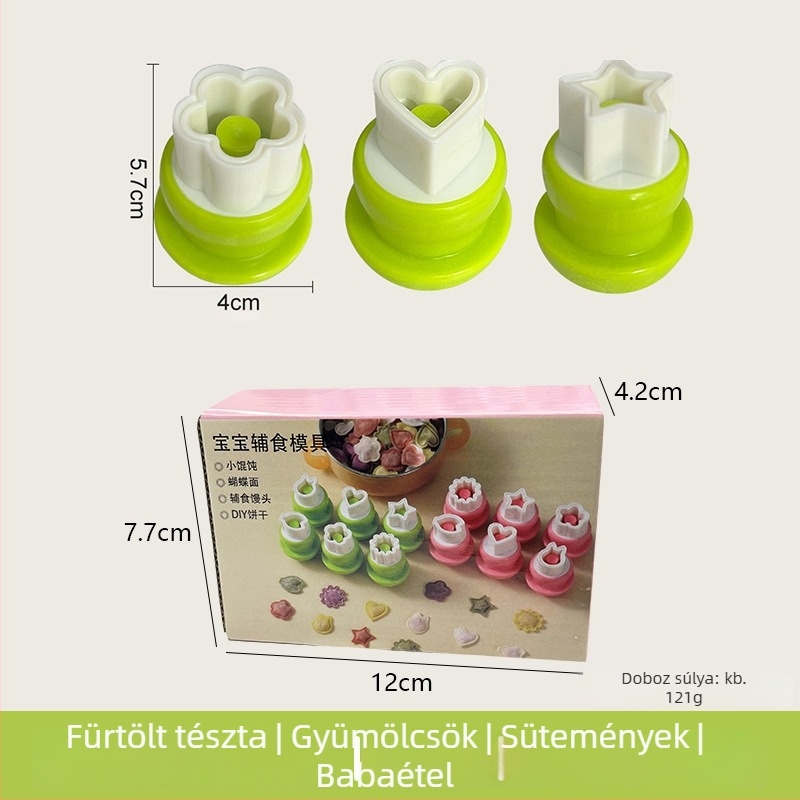 DIY forma bébi gombócokhoz, pillangó-relief és gomba motívummal, rozsdamentes acél, kerek alak