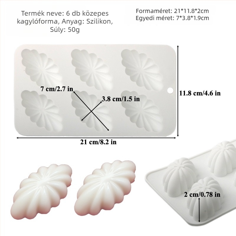 Madeleine szilikon formája, 72 üreggel, kagylóhéj alakú, tortákhoz, mousse-hoz, fondant-hoz és csokoládéhoz