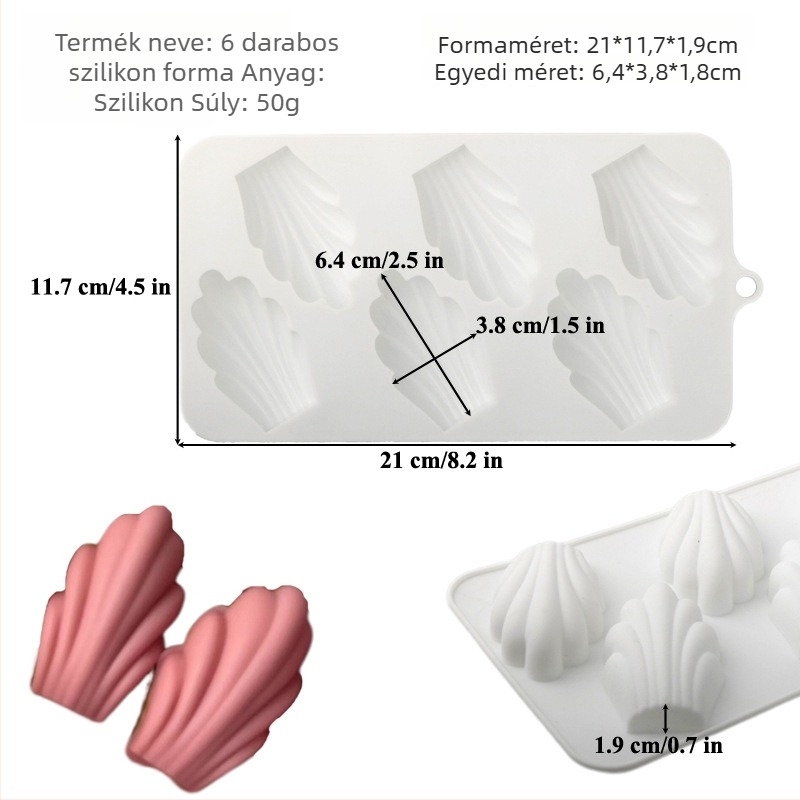 Madeleine szilikon formája, 72 üreggel, kagylóhéj alakú, tortákhoz, mousse-hoz, fondant-hoz és csokoládéhoz