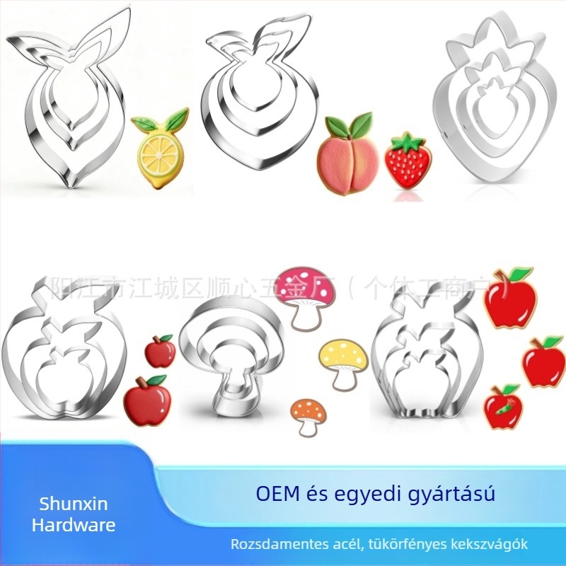 3 darabos gomba alakú süti kiszúró készlet rozsdamentes acélból, gyümölcs alakú formákkal (barack, citrom, alma, eper) – nyomó típusú sütőeszközök