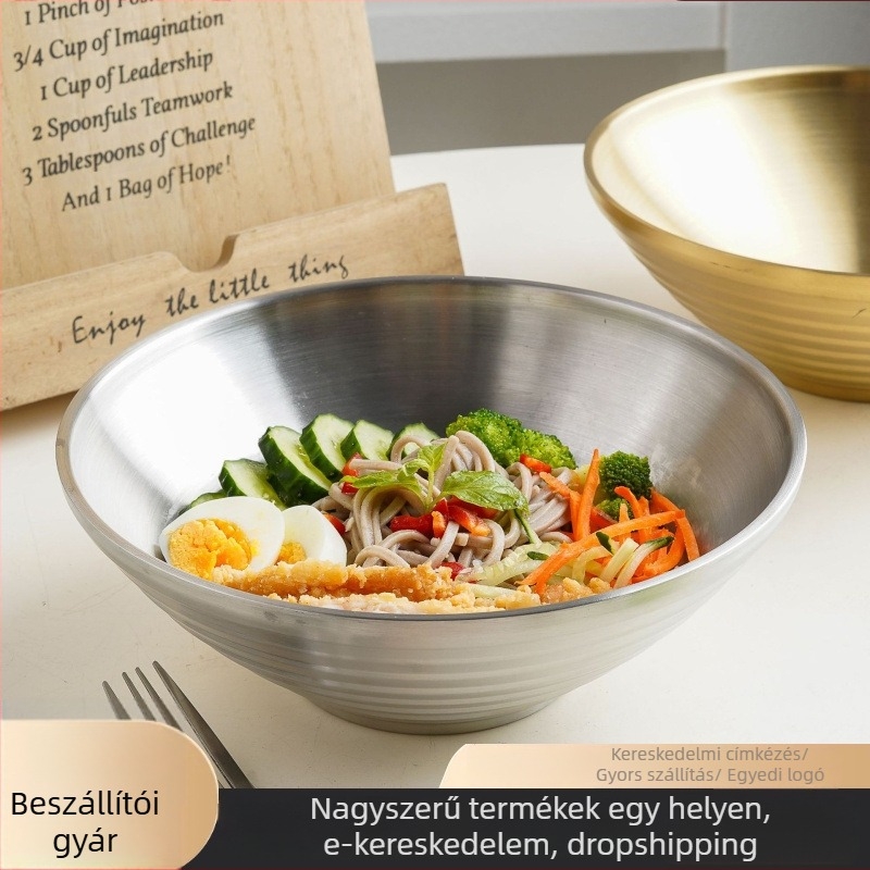 304 rozsdamentes acélból készült tál ramenhez és japán stílusú hideg tészta számára, dupla rétegű szigetelés, nagy méret, kerek, matt felület