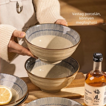 Japán-stílusú porcelán tál tészta számára, ramen tál, retro dizájn, kör alak, átmérő 19–19,9 cm, mikrohullámú sütőbe tehető, kézzel festett csíkok, prémium porcelán, új 2025-ös modell