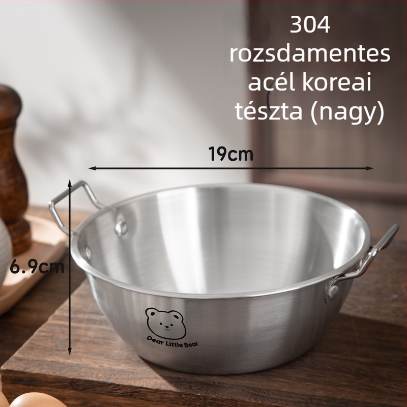 304 rozsdamentes acél instant tészta tál, két fogantyúval, kerek, koreai stílusú, elektroplatált felülettel