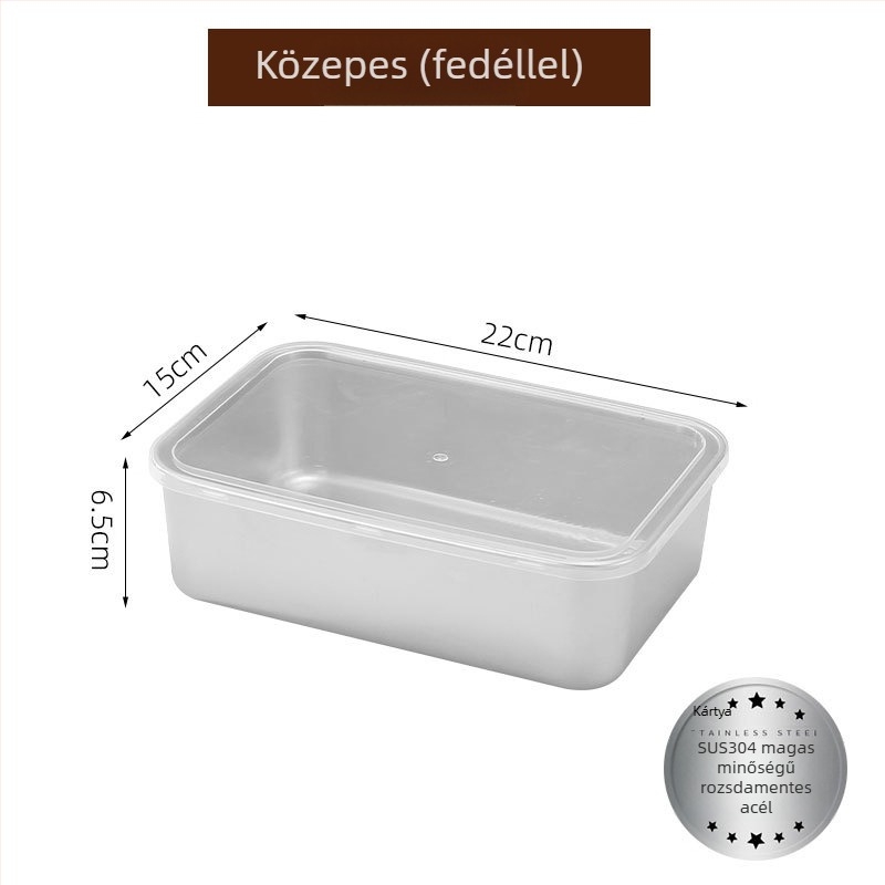 Rozsdamentes acél élelmiszertároló edény zárható fedéllel, négyszögletes forma, 800–1000 ml kapacitás, hűtő- és fagyasztóban használható
