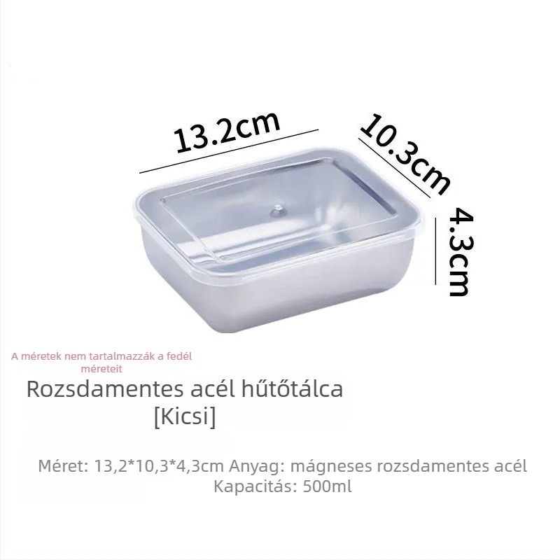 Rozsdamentes acél élelmiszertároló edény zárható fedéllel, négyszögletes forma, 800–1000 ml kapacitás, hűtő- és fagyasztóban használható