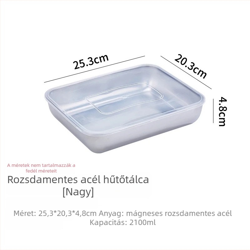 Rozsdamentes acél élelmiszertároló edény zárható fedéllel, négyszögletes forma, 800–1000 ml kapacitás, hűtő- és fagyasztóban használható