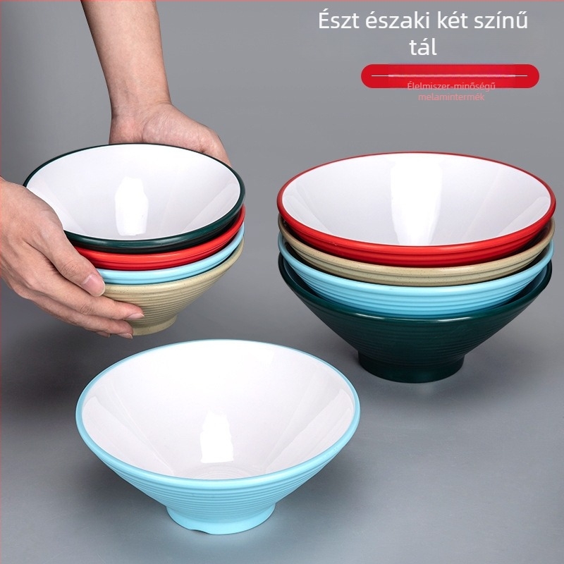 Melamin ramen tál, extra vastag, kerámiás hatású felület, külső bordázott mintázat, éttermek számára, logó nyomtatási lehetőség, mikrohullámú sütőben nem használható.