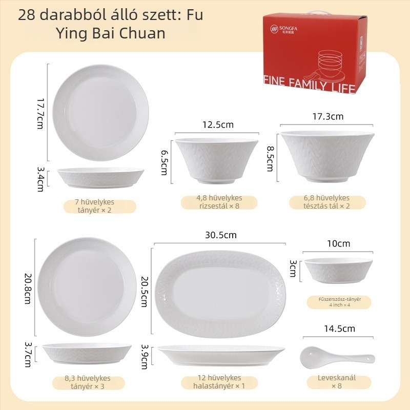 Songfa csontporcelán reliefes tál- és tányérkészlet kínai stílusban, aláglazúros felület, mikróhullámú sütőhöz alkalmas, modern minimalista étkészlet