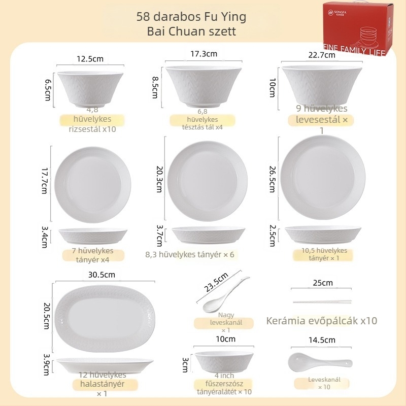 Songfa csontporcelán reliefes tál- és tányérkészlet kínai stílusban, aláglazúros felület, mikróhullámú sütőhöz alkalmas, modern minimalista étkészlet