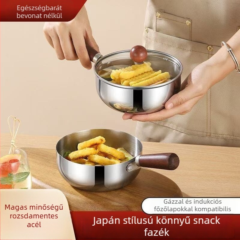 Rozsdamentes acélból készült instant tészta tál diófa fogantyúval, tapadásmentes felülettel, magas hőmérséklet-tűrés, mikrohullámú sütőben használható
