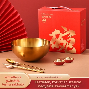 Rozsdamentes acélból készült étkészlet rizses tálakkal, bibimbap tál és evőpálcikák, kerek formájú; elektroplatált felület; logónyomtatás elérhető