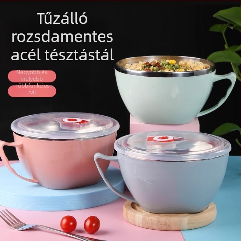 Rozsdamentes acél ramen tál fedővel, kollégiumi használatra, kerek forma, fényes felület, nagy kapacitás, mikrohullámú sütő nem alkalmas