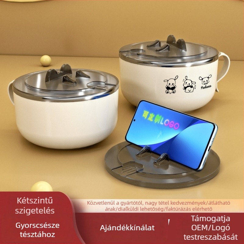 Rozsdamentes acélból készült instant tészta tál fedővel, kör alakú, glazúr felület, testreszabható