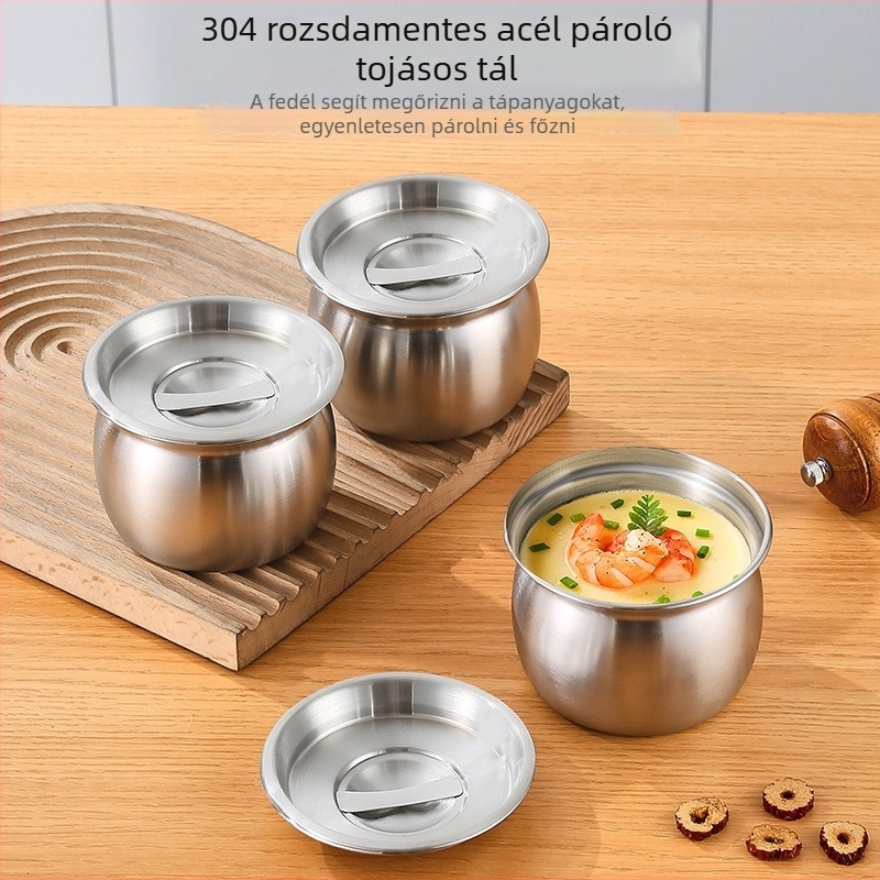 304 rozsdamentes acél tojásgőzölő tál fedővel, tojások és ételek gőzölésére, kerek levesestál, átmérő 12–12,9 cm