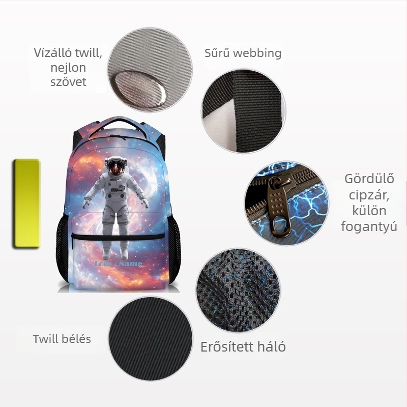 Űrtémájú uniszex nylon hátizsák általános iskolás gyerekek számára, lélegző, vízálló és gerinvcvédő