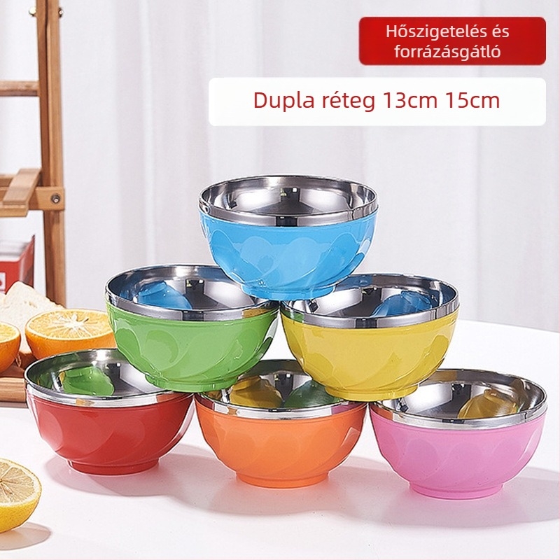 304 rozsdamentes acélból készült színes tál, dupla falú, leesésálló, hőszigetelt, instant tészta és rizs számára, gyerekeknek ételtál, otthoni használatra