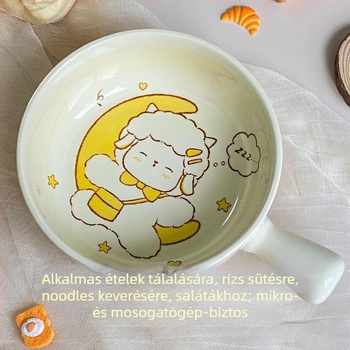 Egyszemélyes kerámiás tál készlet fogantyúval: tál tészta, tál rizs, kanál és evőpálcikák — új csont porcelánból, kör alakú, mikróhullámú sütőben használható, alglazúros felület.