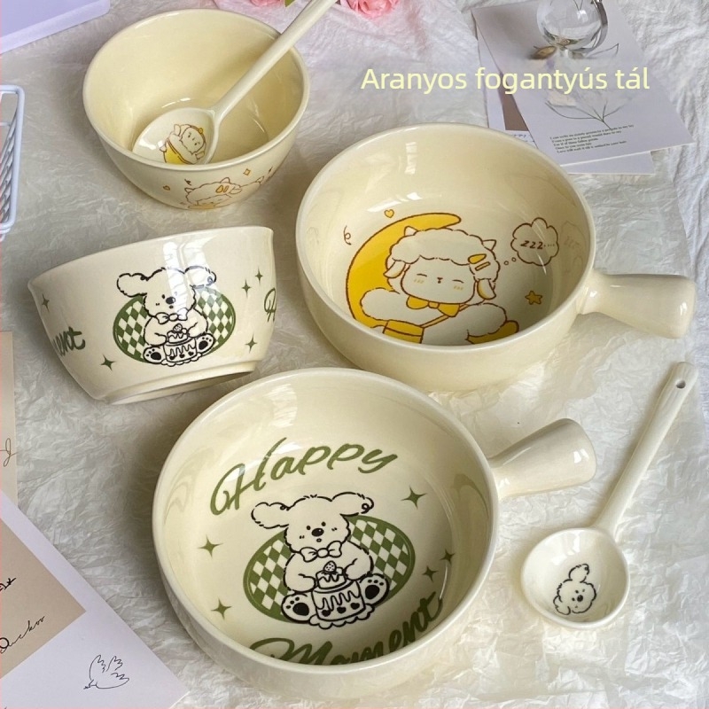 Egyszemélyes kerámiás tál készlet fogantyúval: tál tészta, tál rizs, kanál és evőpálcikák — új csont porcelánból, kör alakú, mikróhullámú sütőben használható, alglazúros felület.