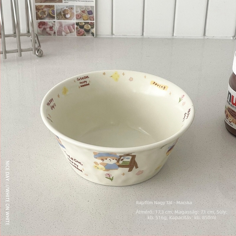 Porcelánból készült többfunkciós tál, mikrohullámú sütőben használható, Cartoon mintázat, Kui Kou forma, felület magas hőmérsékletű decal