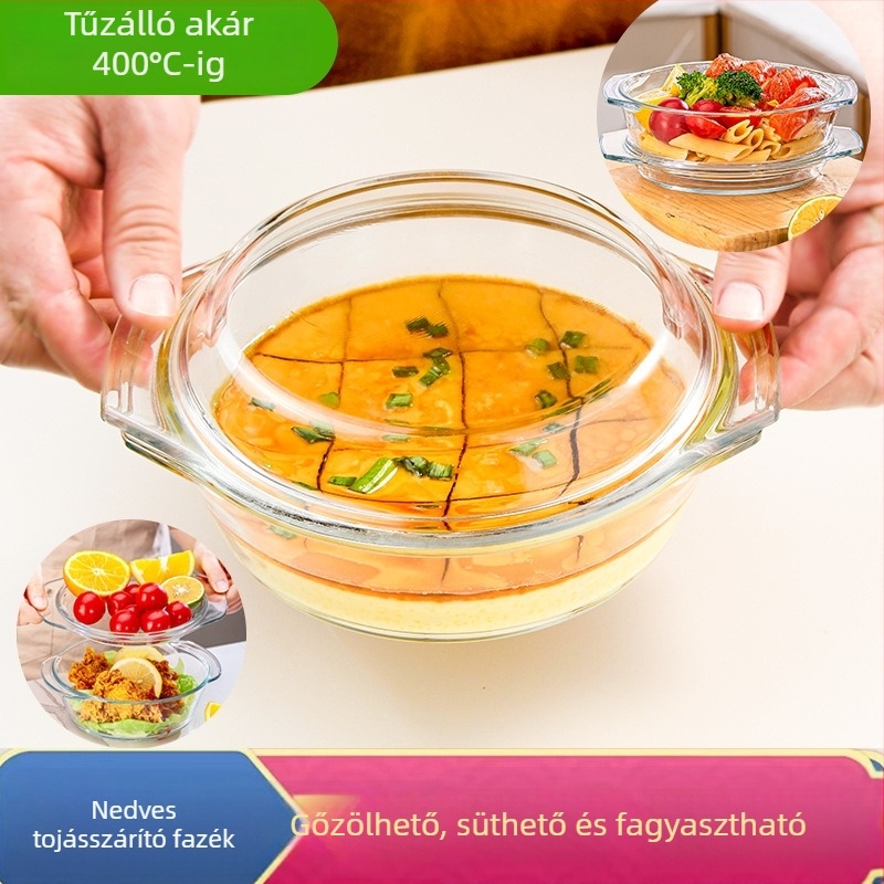 Kétfülű, fedeles gőzölő tál tojásokhoz, hőálló bóroszilikát üveg, átlátszó, mikrohullámú kompatibilis (két fül; fedél; bóroszilikát üveg; mikrohullámú kompatibilitás; átlátszó)