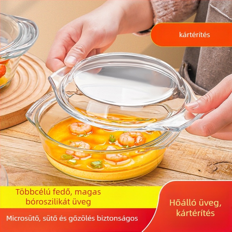 Kétfülű, fedeles gőzölő tál tojásokhoz, hőálló bóroszilikát üveg, átlátszó, mikrohullámú kompatibilis (két fül; fedél; bóroszilikát üveg; mikrohullámú kompatibilitás; átlátszó)