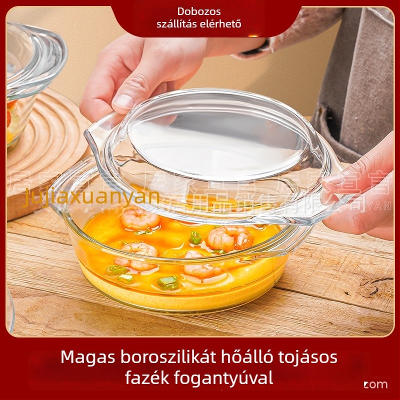 Kétfülű, fedeles gőzölő tál tojásokhoz, hőálló bóroszilikát üveg, átlátszó, mikrohullámú kompatibilis (két fül; fedél; bóroszilikát üveg; mikrohullámú kompatibilitás; átlátszó)