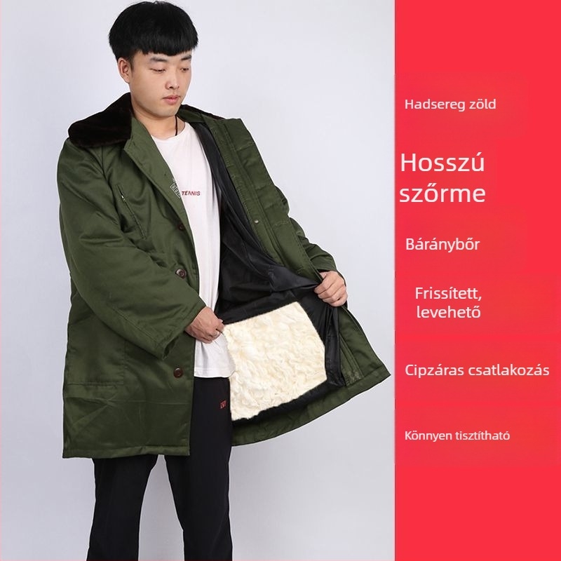 Férfi báránybőr és katonai pamut kabát, meleg középhosszú, gyapjú- és prémbéléses, téli hegymászáshoz