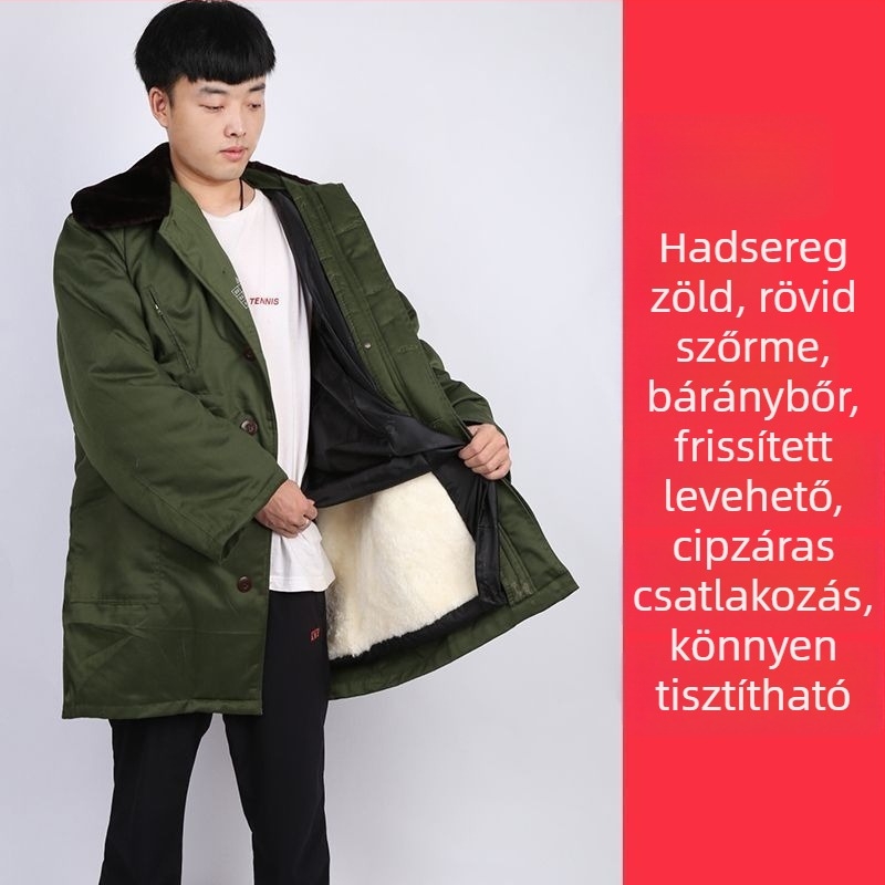 Férfi báránybőr és katonai pamut kabát, meleg középhosszú, gyapjú- és prémbéléses, téli hegymászáshoz