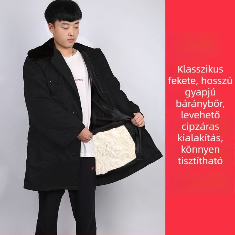 Férfi báránybőr és katonai pamut kabát, meleg középhosszú, gyapjú- és prémbéléses, téli hegymászáshoz