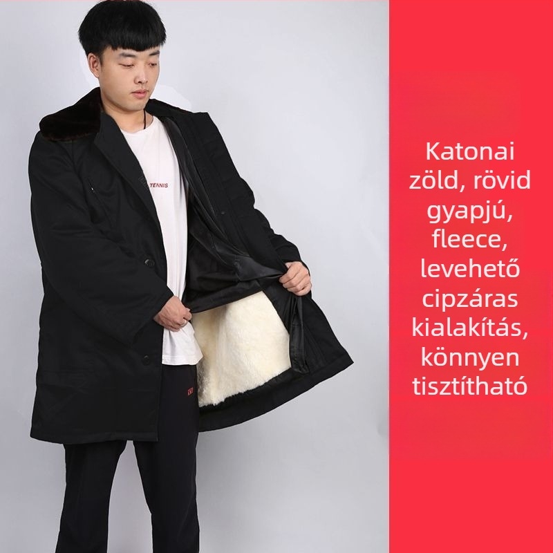 Férfi báránybőr és katonai pamut kabát, meleg középhosszú, gyapjú- és prémbéléses, téli hegymászáshoz