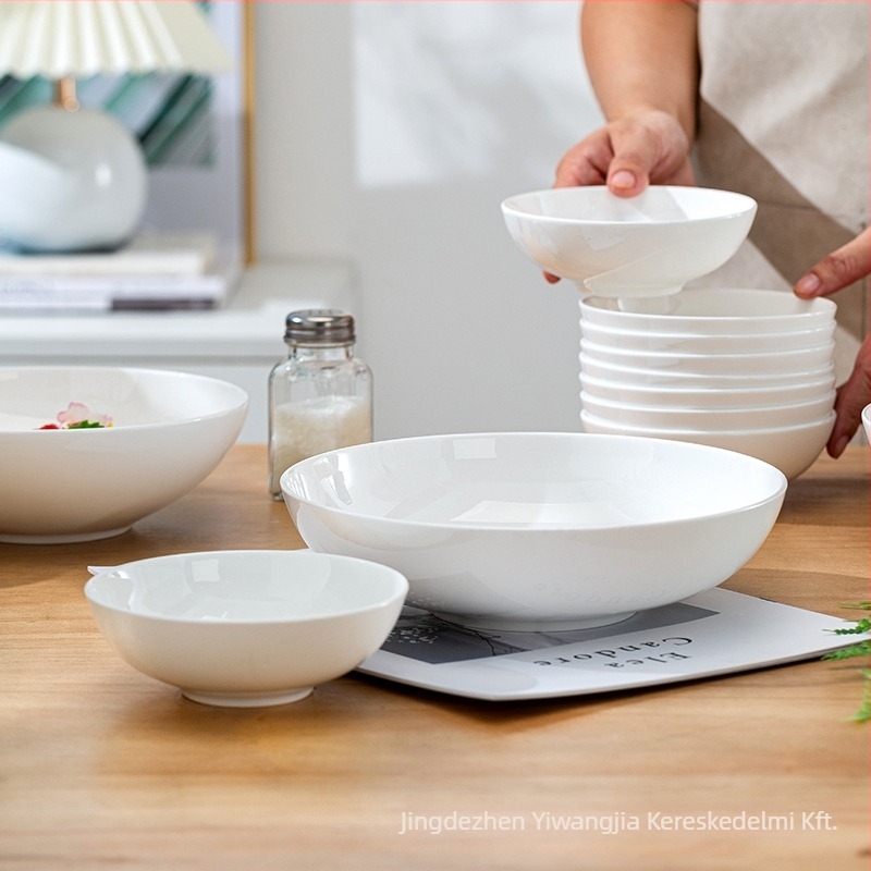 Csontporcelán tál – kínai stílusú, kerek tál tészta/saláta számára, alglazúros mintával, mikrohullámú sütőben használható